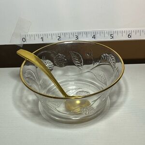 Vintage French Glass Jam Marmalade Berry Bowl Raspberry Pattern Gold Rim W/Spoon